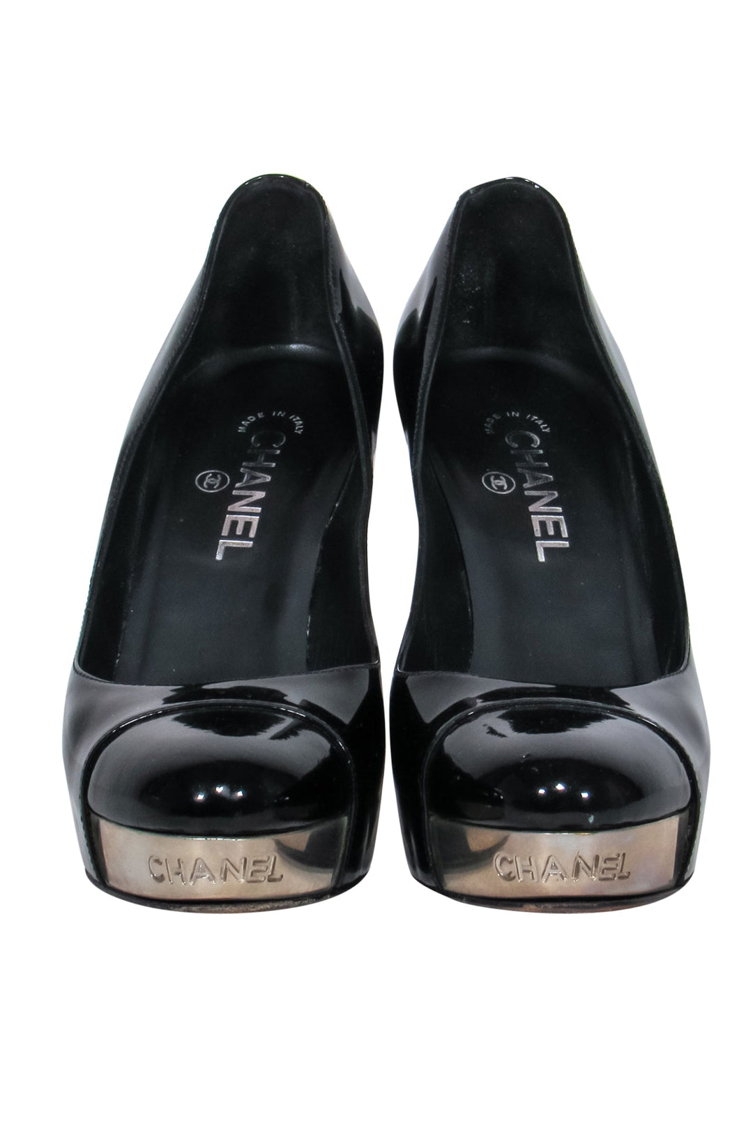 Top Quality Chanel - Black Patent Leather Platform Pumps w/ Silver Toe Sz 10.5