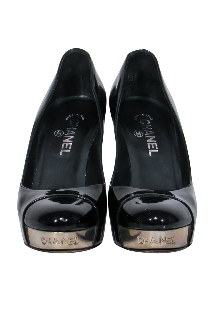 Top Quality Chanel - Black Patent Leather Platform Pumps w/ Silver Toe Sz 10.5
