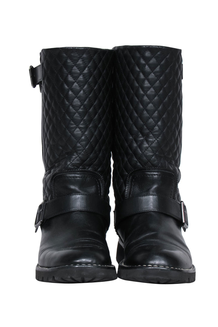 Top Quality Chanel - Black Quilted Leather Biker Boots Sz 8