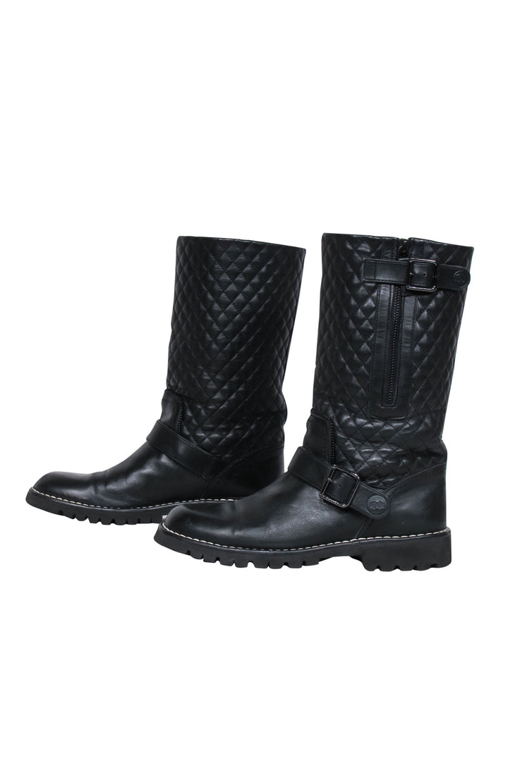 Top Quality Chanel - Black Quilted Leather Biker Boots Sz 8