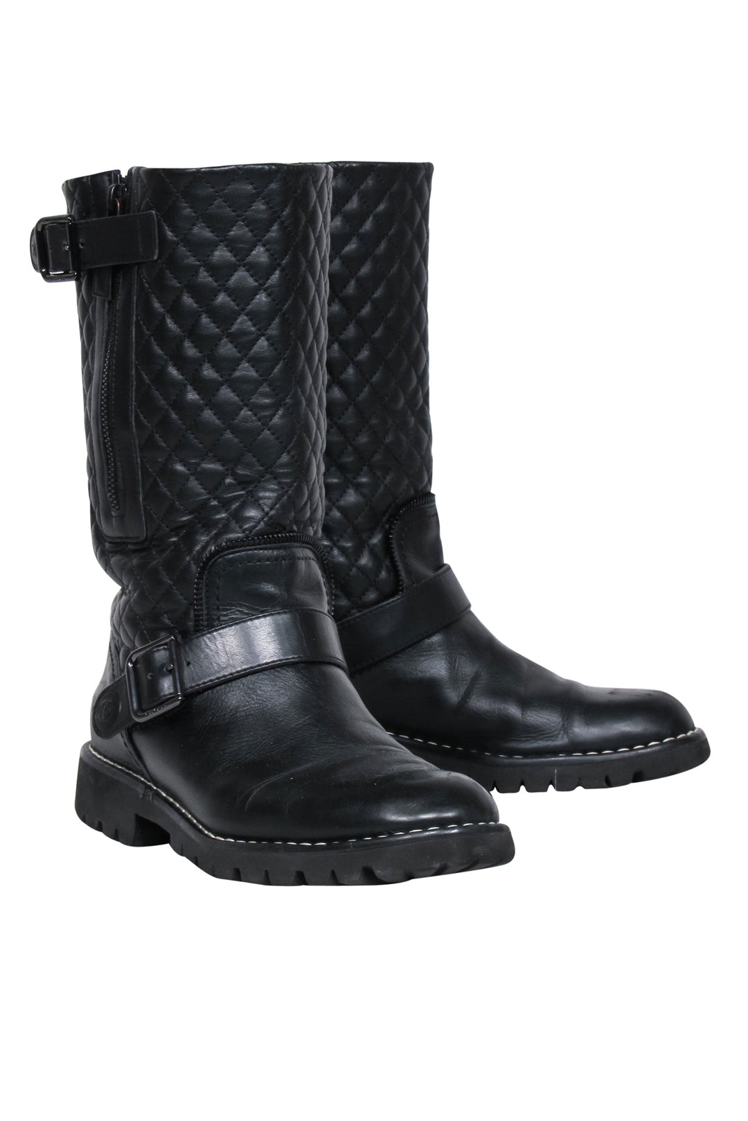 Top Quality Chanel - Black Quilted Leather Biker Boots Sz 8