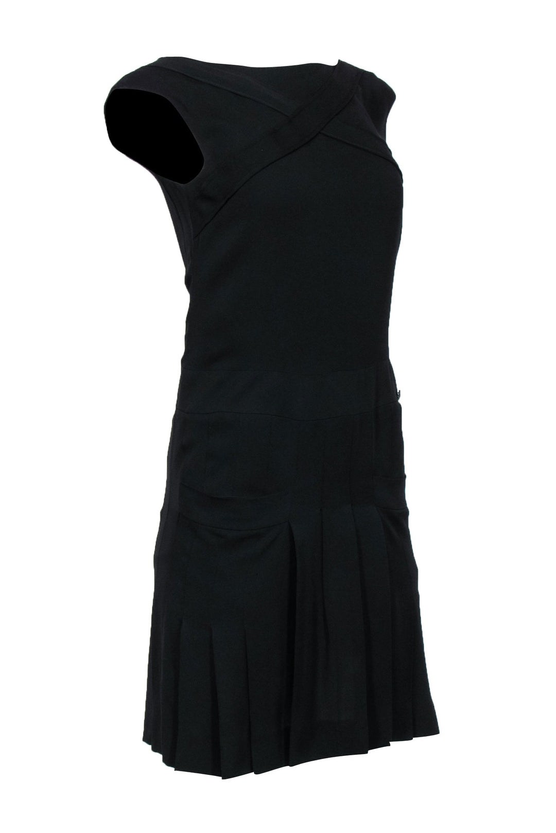 Top Quality Chanel - Black Silk Drop-Waist Sleeveless Dress w/ Pleated Skirt & Pockets Sz 2