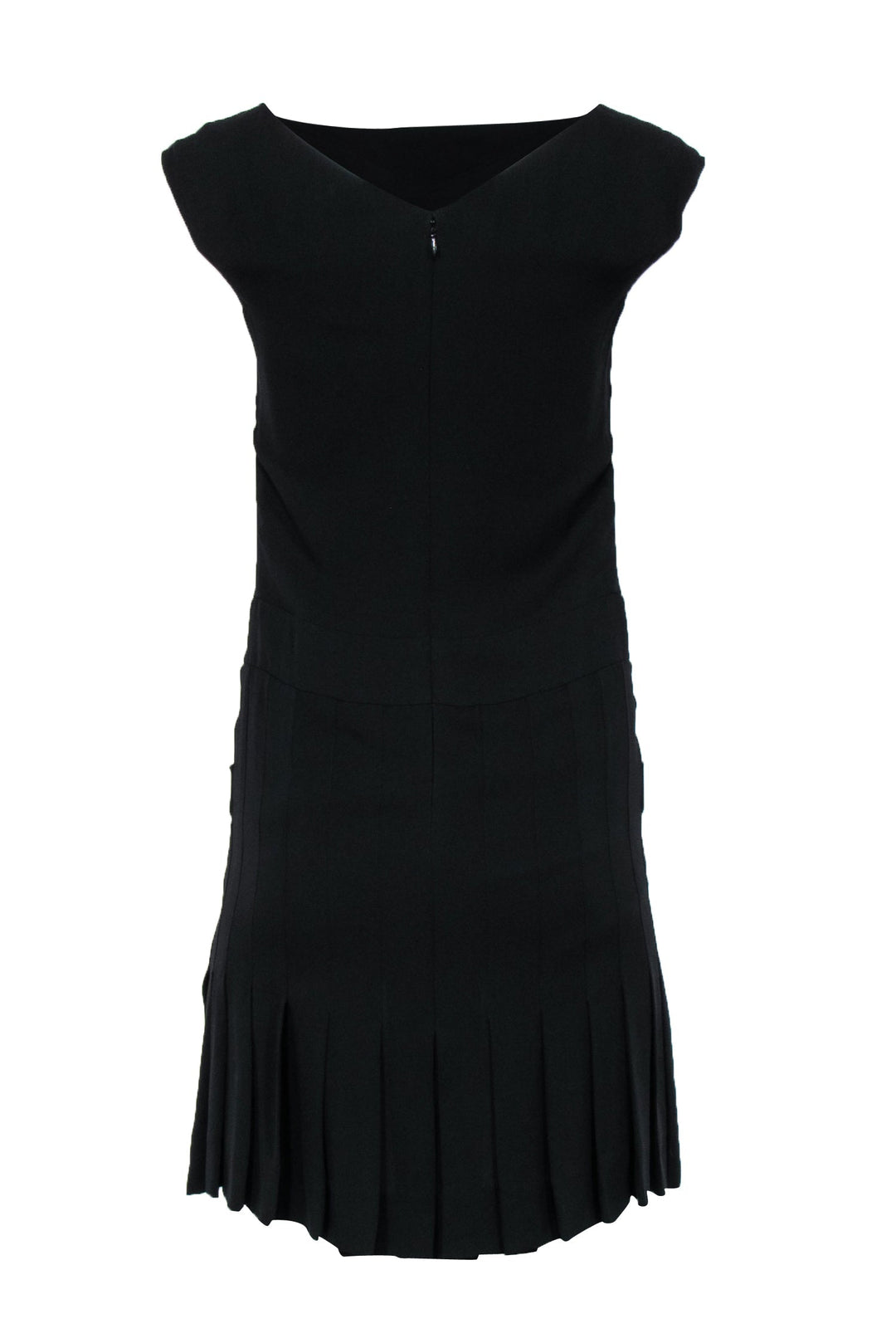 Top Quality Chanel - Black Silk Drop-Waist Sleeveless Dress w/ Pleated Skirt & Pockets Sz 2