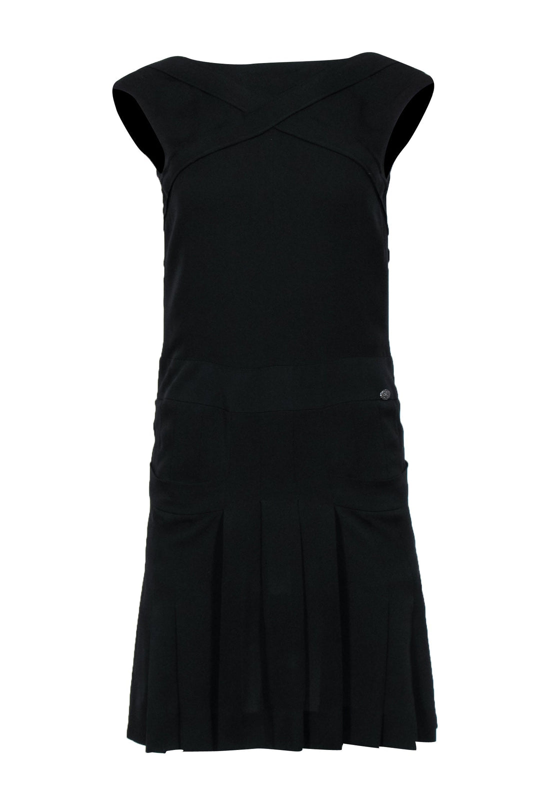 Top Quality Chanel - Black Silk Drop-Waist Sleeveless Dress w/ Pleated Skirt & Pockets Sz 2