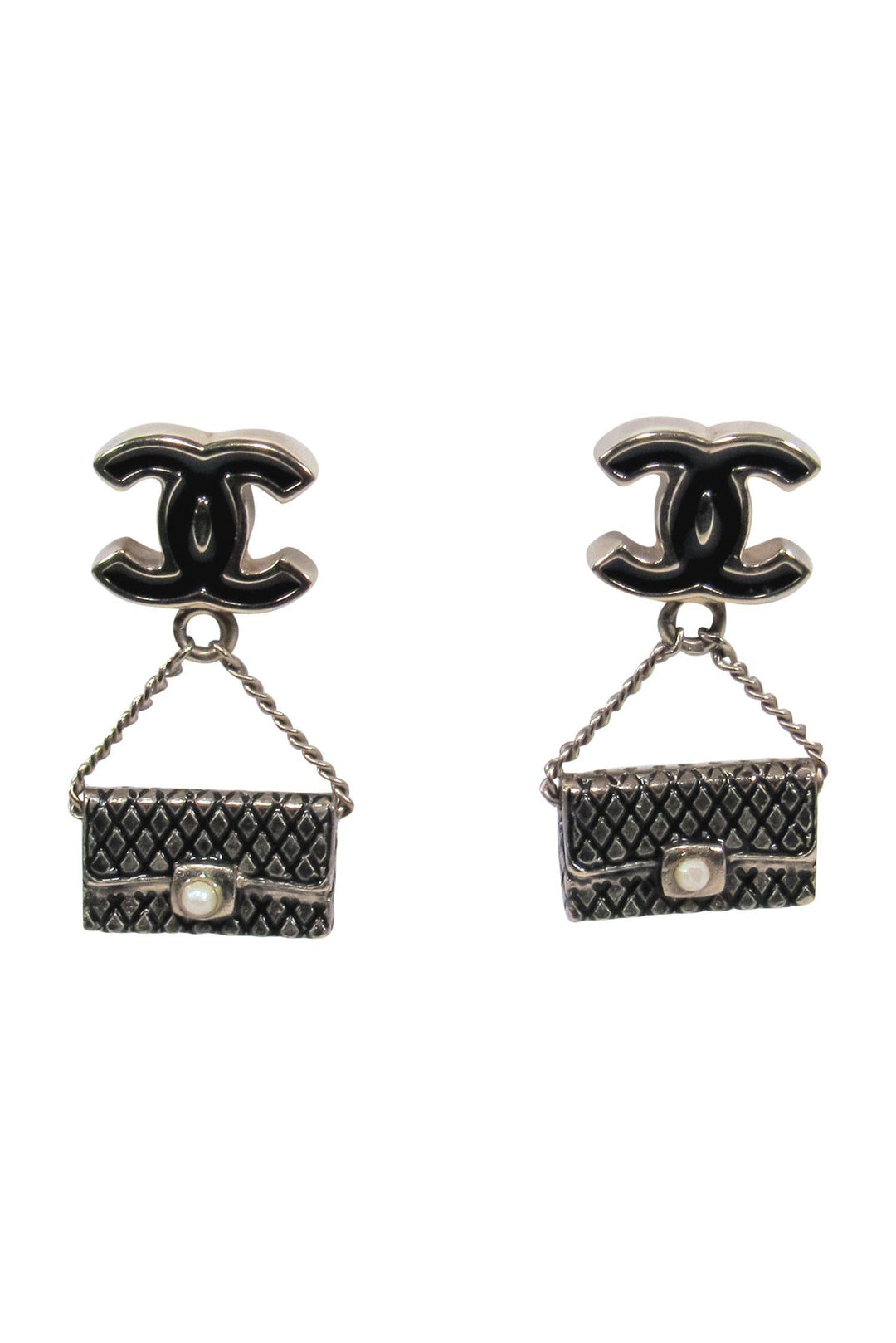 Top Quality Chanel - Black & Silver Mini Handbag Dangle Earrings