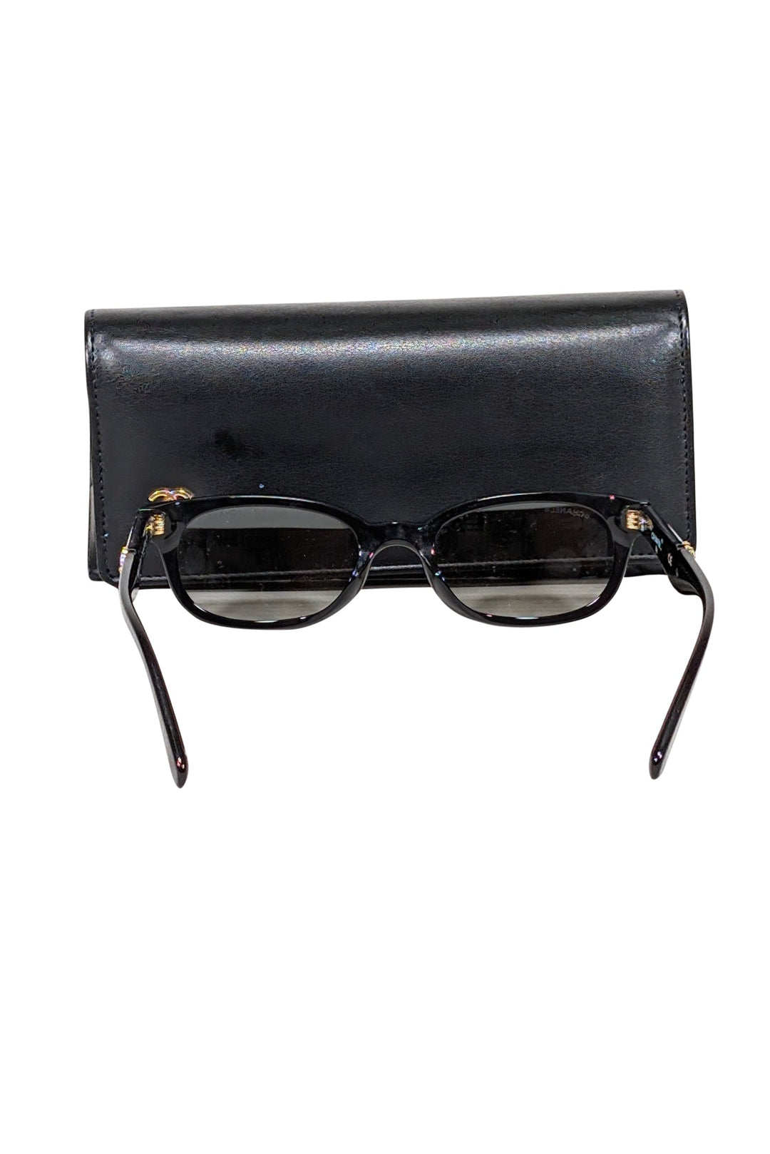 Top Quality Chanel - Black Slim Sunglasses w/ Interlocking Rhinestone Logo