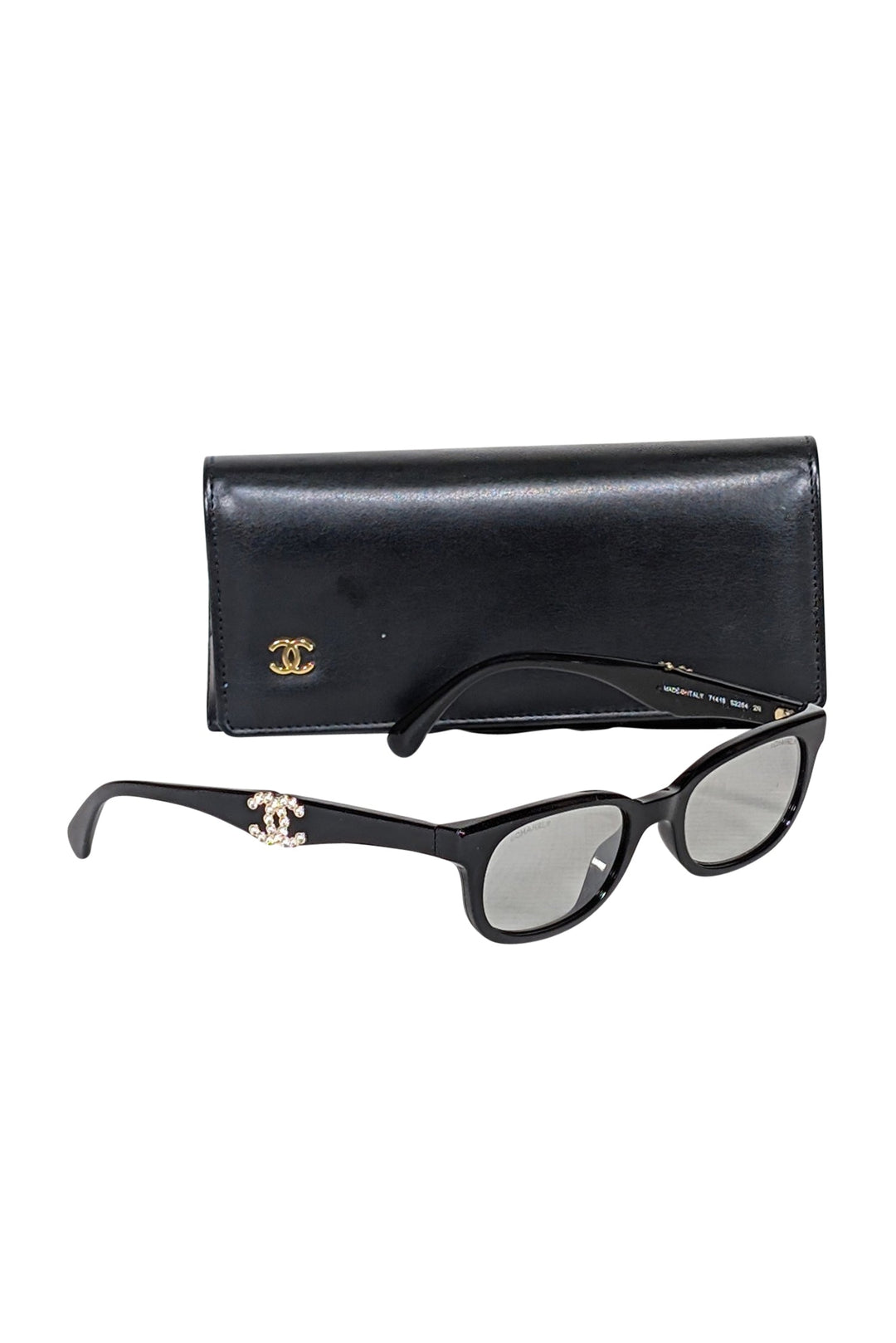 Top Quality Chanel - Black Slim Sunglasses w/ Interlocking Rhinestone Logo