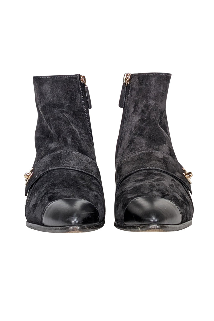 Top Quality Chanel - Black Suede Leather Toe Short Boots Sz 10
