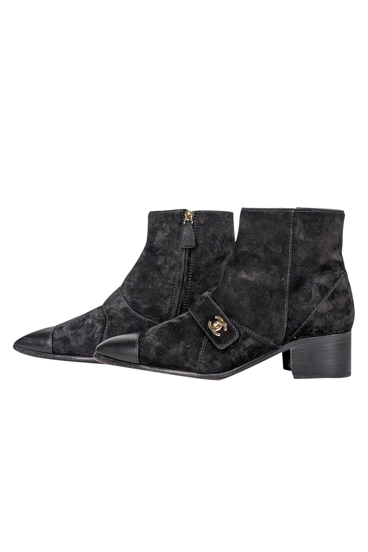 Top Quality Chanel - Black Suede Leather Toe Short Boots Sz 10