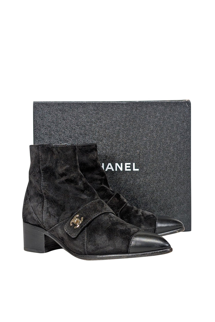 Top Quality Chanel - Black Suede Leather Toe Short Boots Sz 10