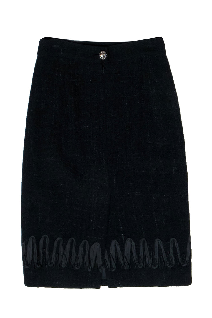 Top Quality Chanel - Black Tweed Pencil Skirt w/ Embroidered Hem Sz 8