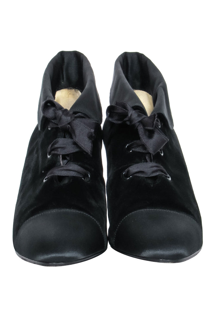 Top Quality Chanel - Black Velvet Lace Up Booties Sz 7