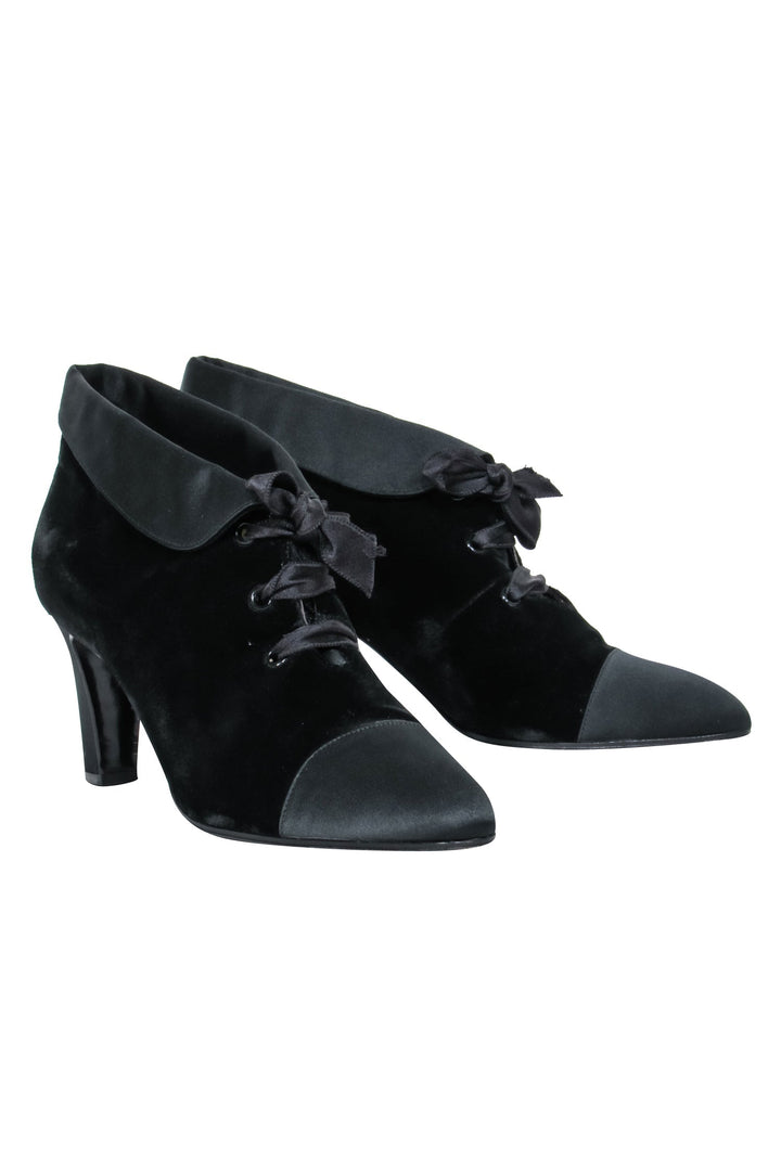 Top Quality Chanel - Black Velvet Lace Up Booties Sz 7