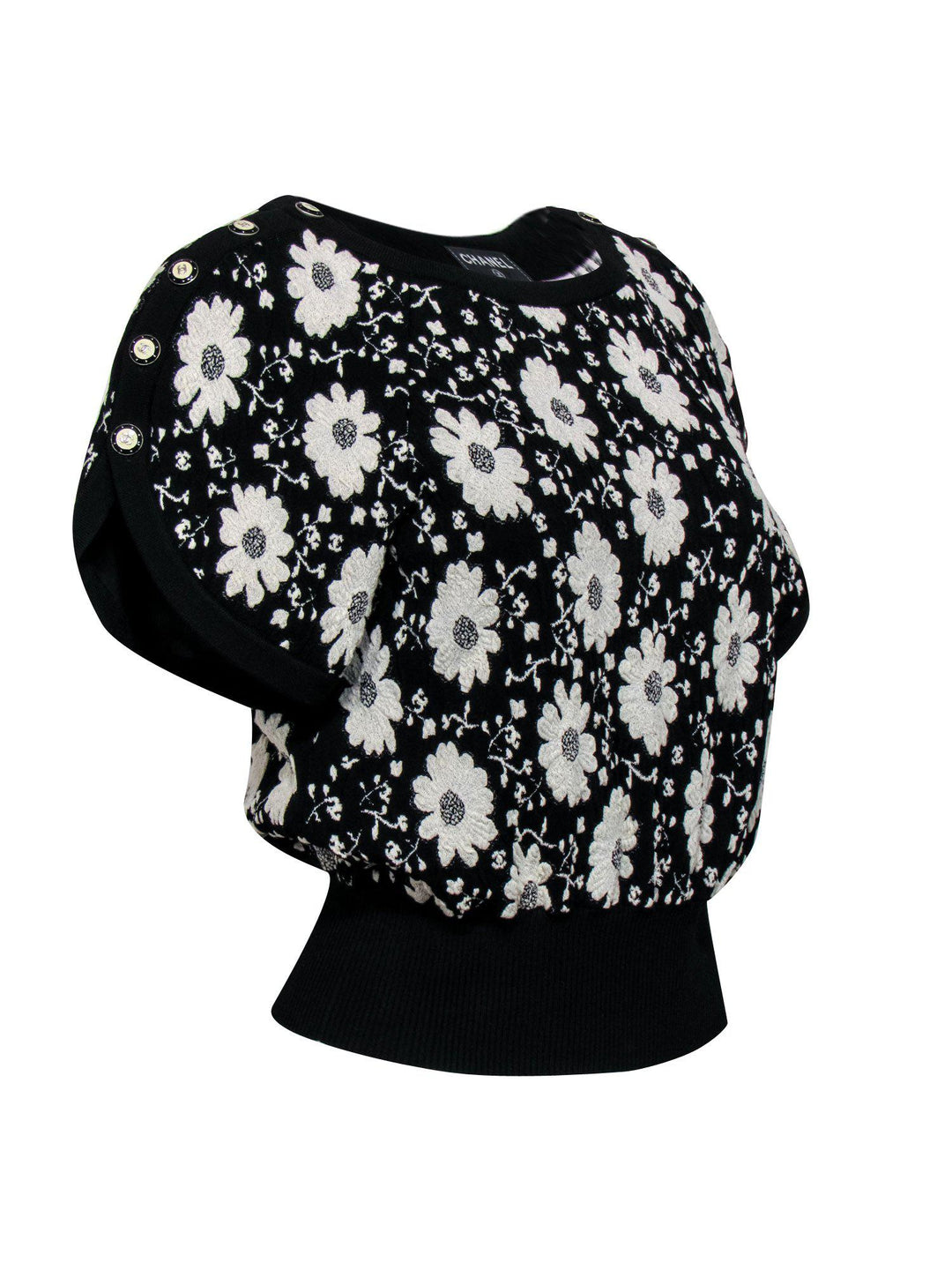 Top Quality Chanel - Black & White Floral Embroidered Short Sleeve Sweater Sz 4