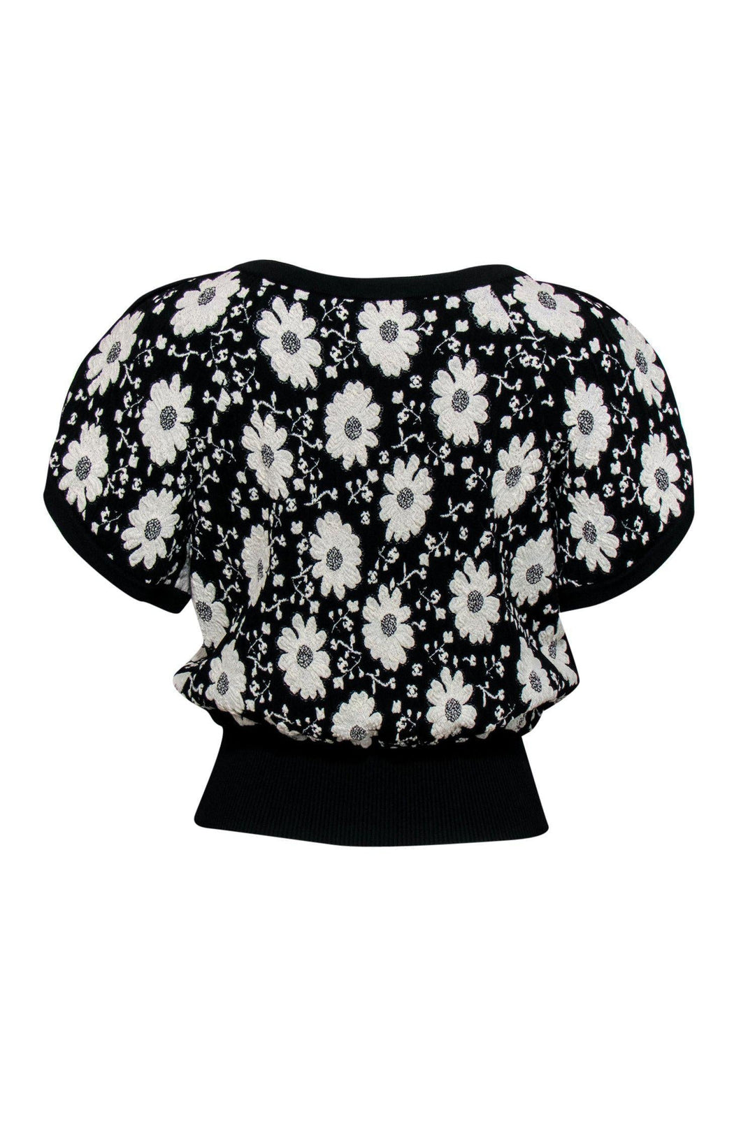 Top Quality Chanel - Black & White Floral Embroidered Short Sleeve Sweater Sz 4