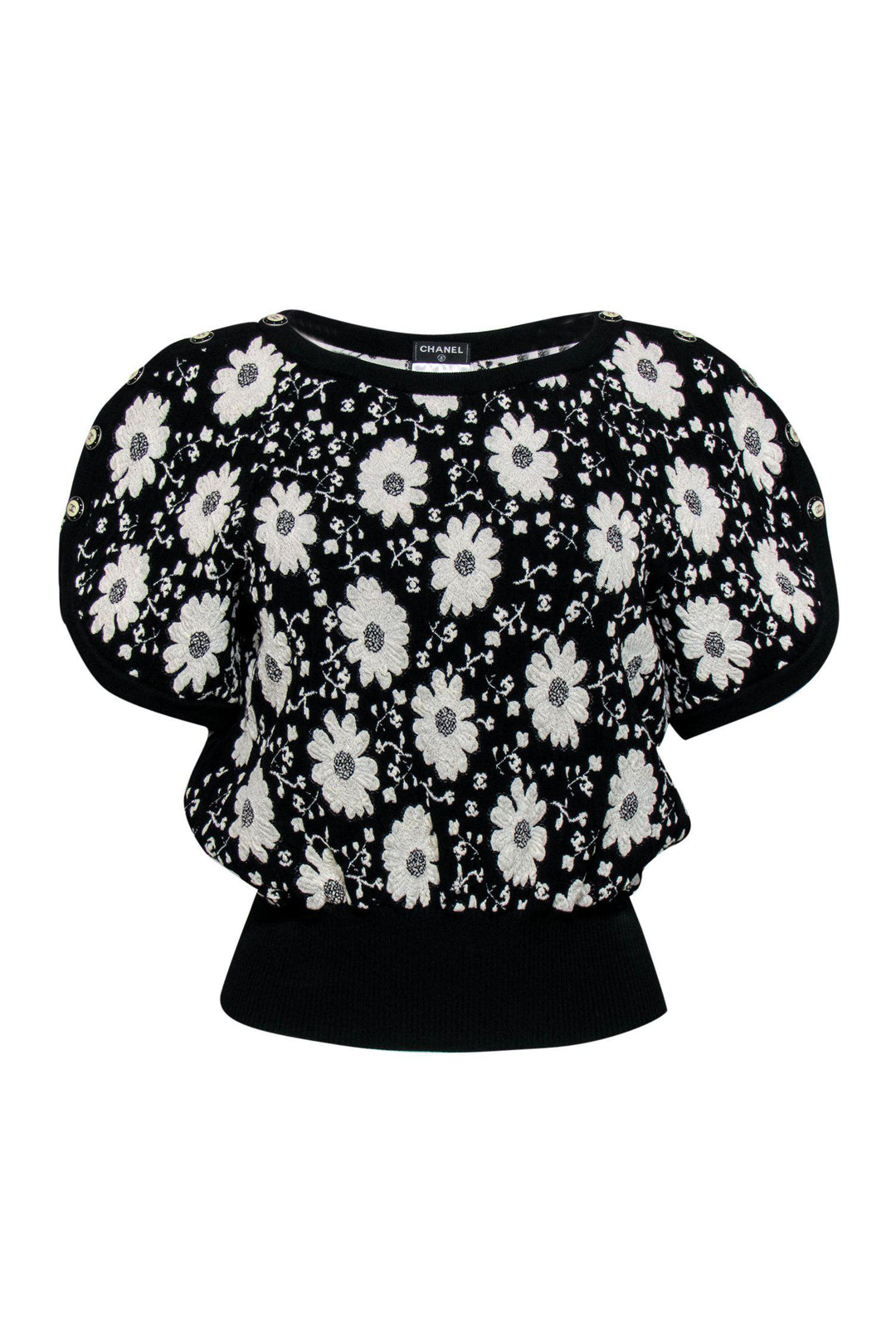 Top Quality Chanel - Black & White Floral Embroidered Short Sleeve Sweater Sz 4