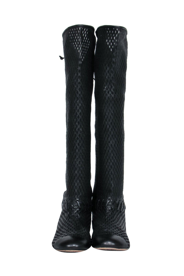 Top Quality Chanel - Black Woven Knee High Lace-Up Boots Sz 7
