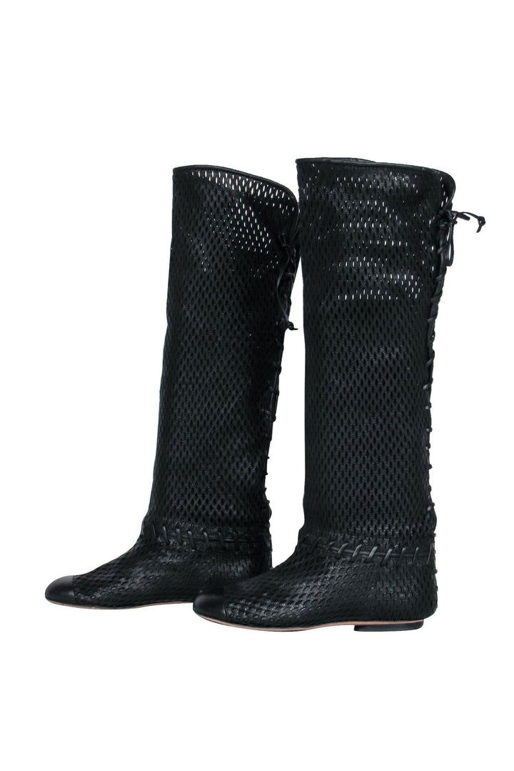 Top Quality Chanel - Black Woven Knee High Lace-Up Boots Sz 7