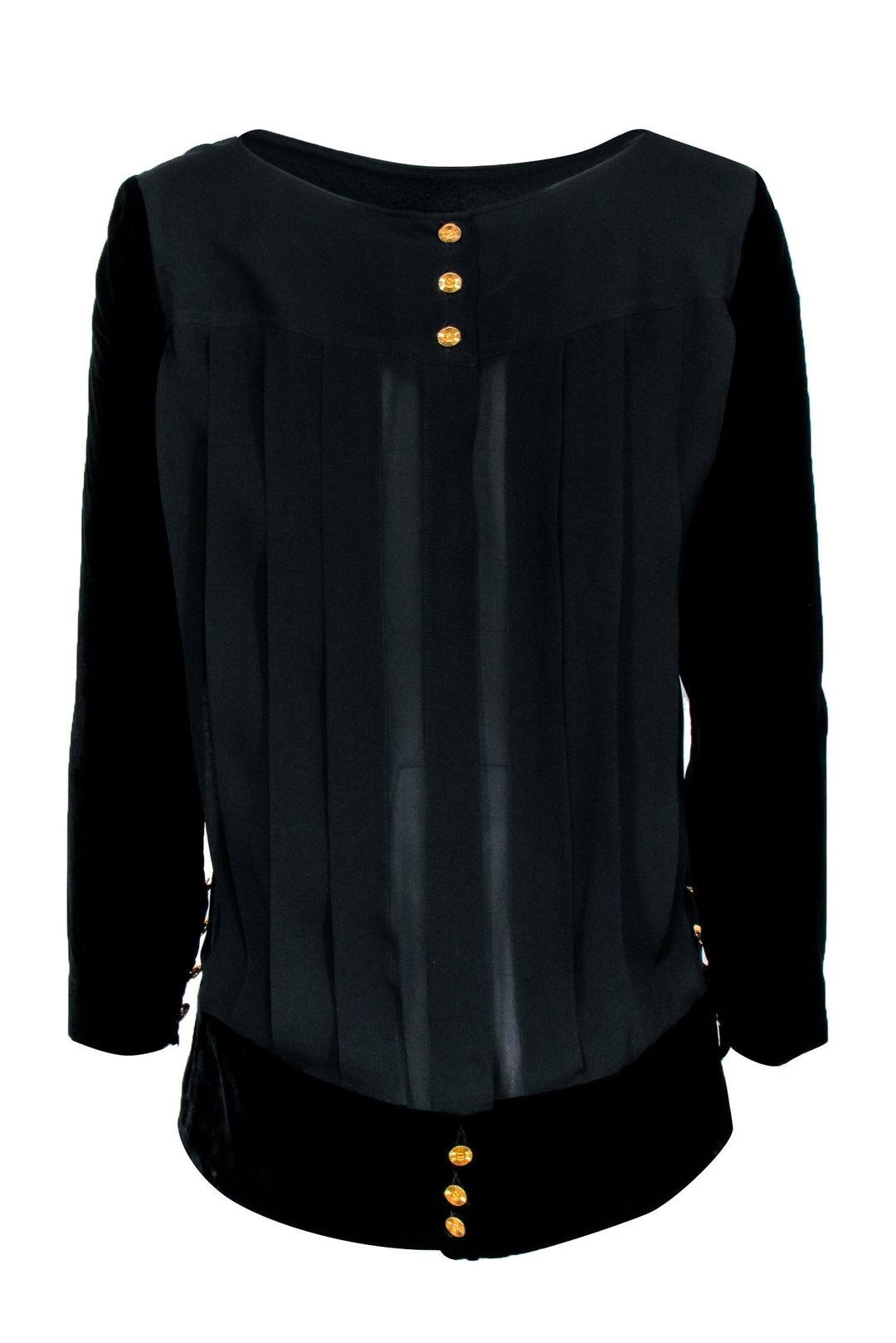 Top Quality Chanel -  Black w/ Velvet Long Sleeves & Button Back Sz S/M