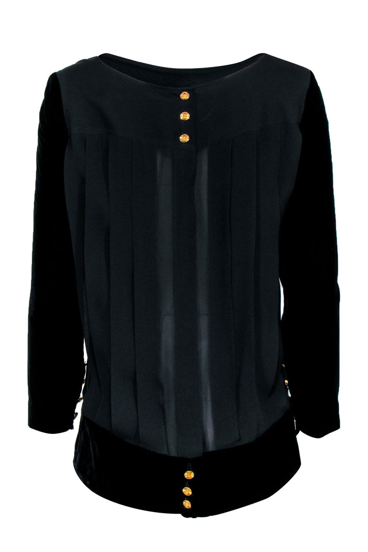 Top Quality Chanel -  Black w/ Velvet Long Sleeves & Button Back Sz S/M