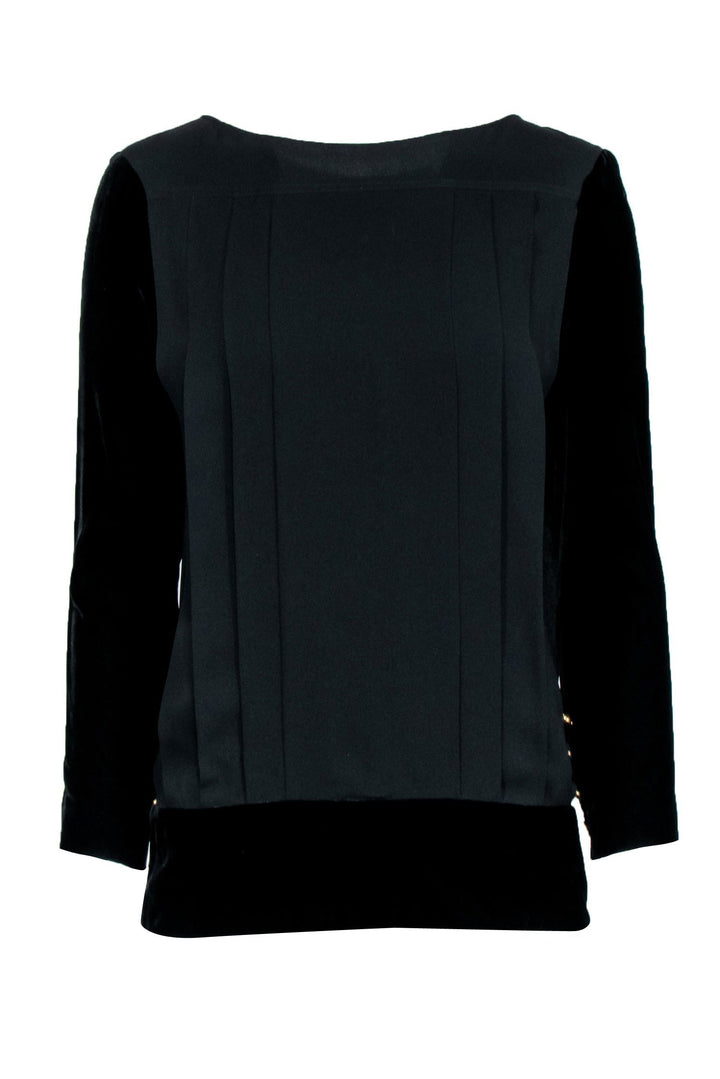 Top Quality Chanel -  Black w/ Velvet Long Sleeves & Button Back Sz S/M