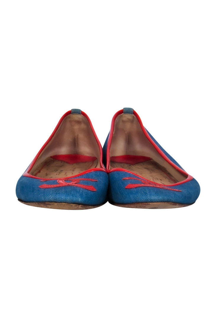 Top Quality Chanel - Blue Chambray Ballet Flats w/ Red Leather Trim Sz 10