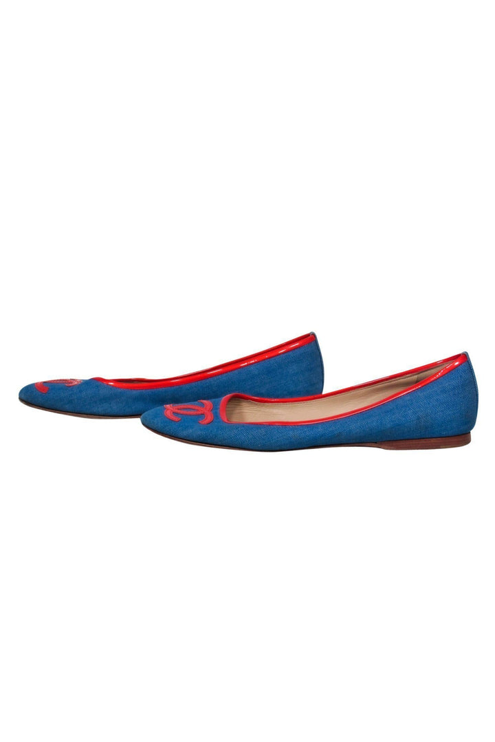 Top Quality Chanel - Blue Chambray Ballet Flats w/ Red Leather Trim Sz 10