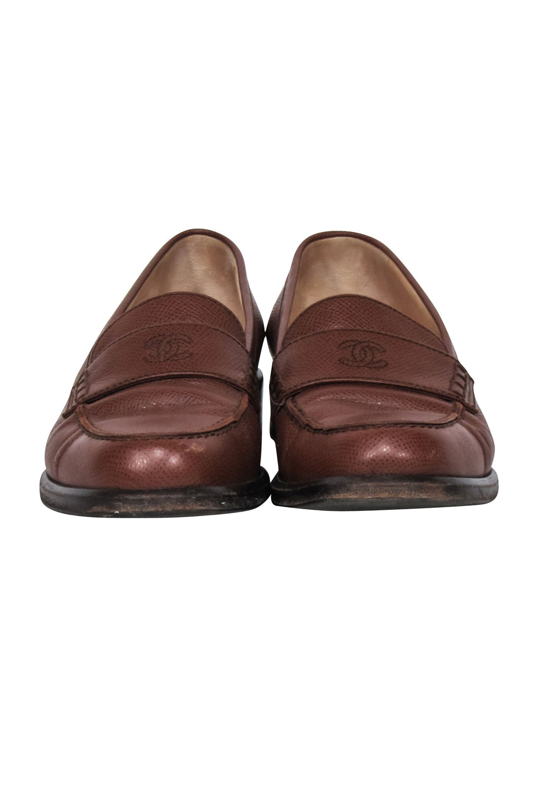 Top Quality Chanel - Brown Leather Loafers w/ Stitched Logo Sz 7.5