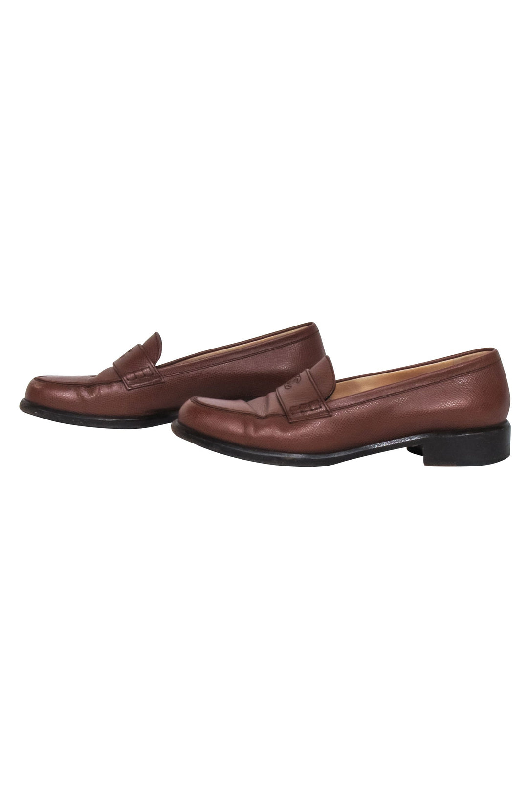 Top Quality Chanel - Brown Leather Loafers w/ Stitched Logo Sz 7.5