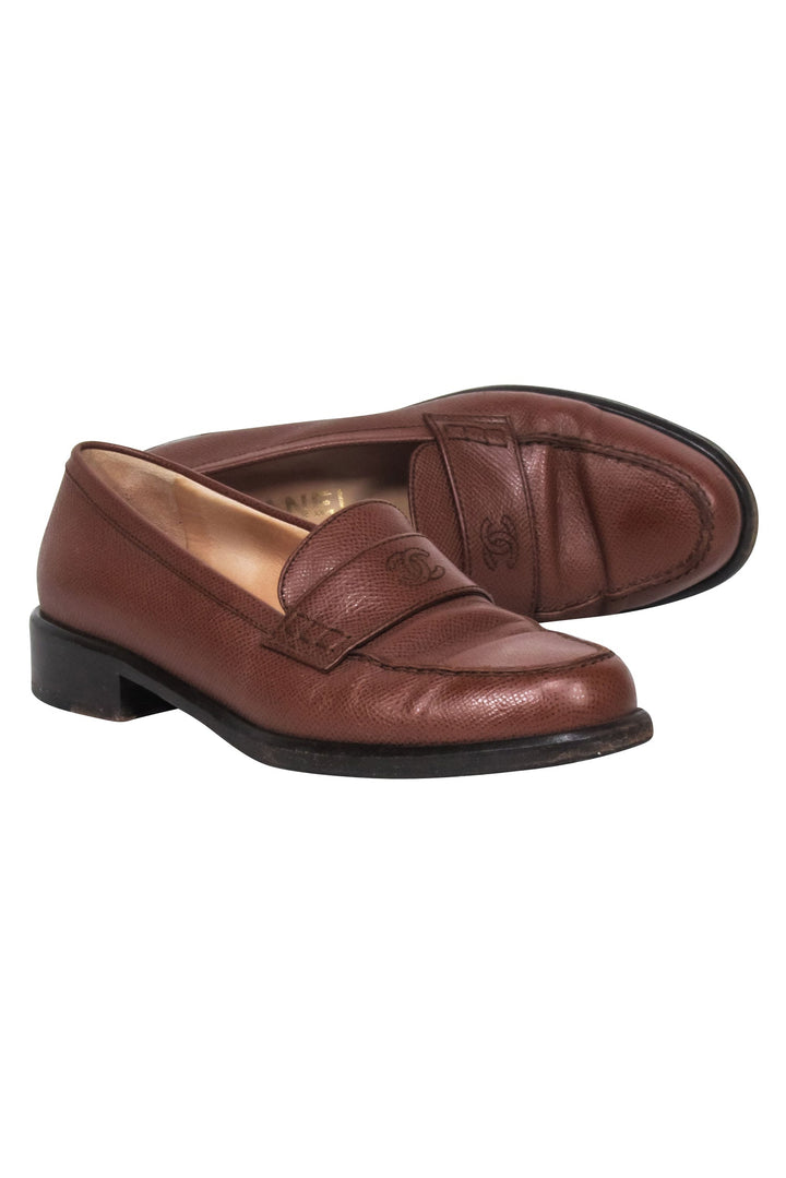 Top Quality Chanel - Brown Leather Loafers w/ Stitched Logo Sz 7.5