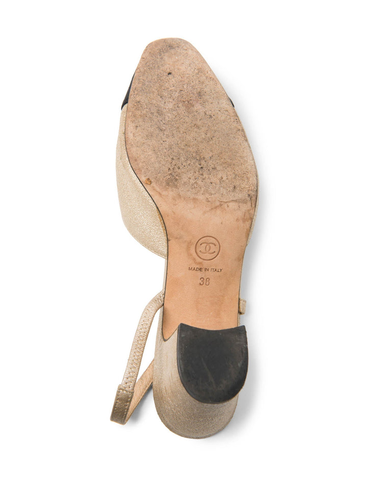 Top Quality Chanel CC Logo Cap Toe Slingback Heels Gold Black