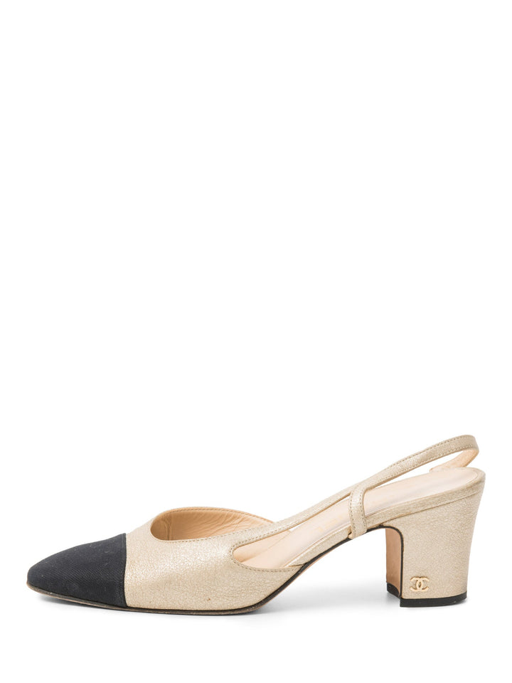 Top Quality Chanel CC Logo Cap Toe Slingback Heels Gold Black