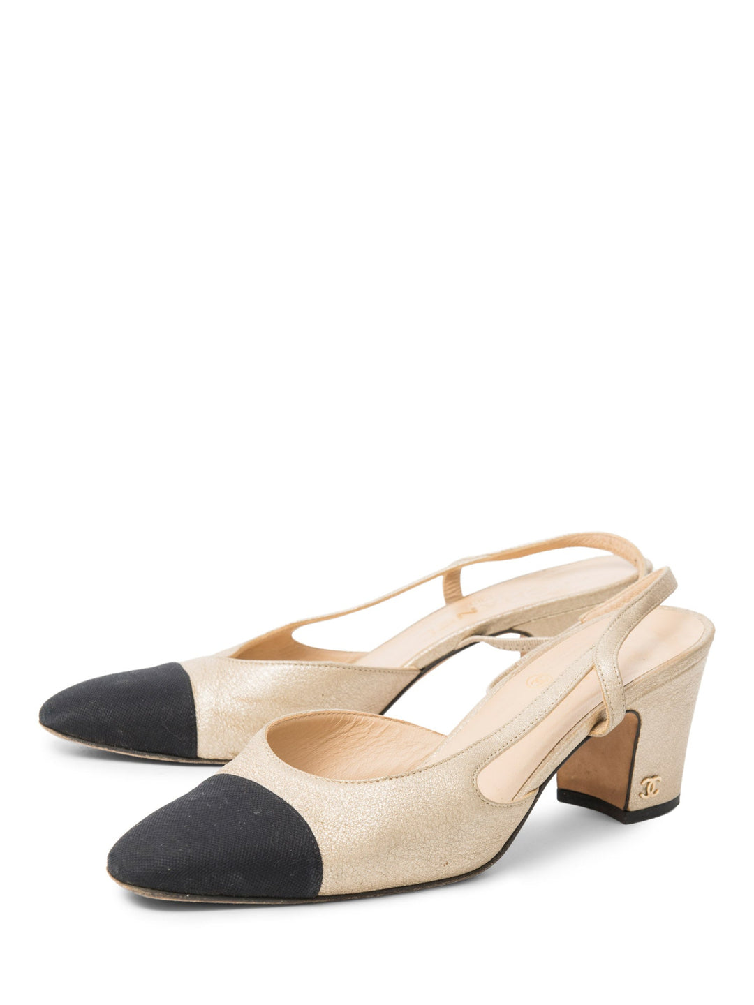 Top Quality Chanel CC Logo Cap Toe Slingback Heels Gold Black