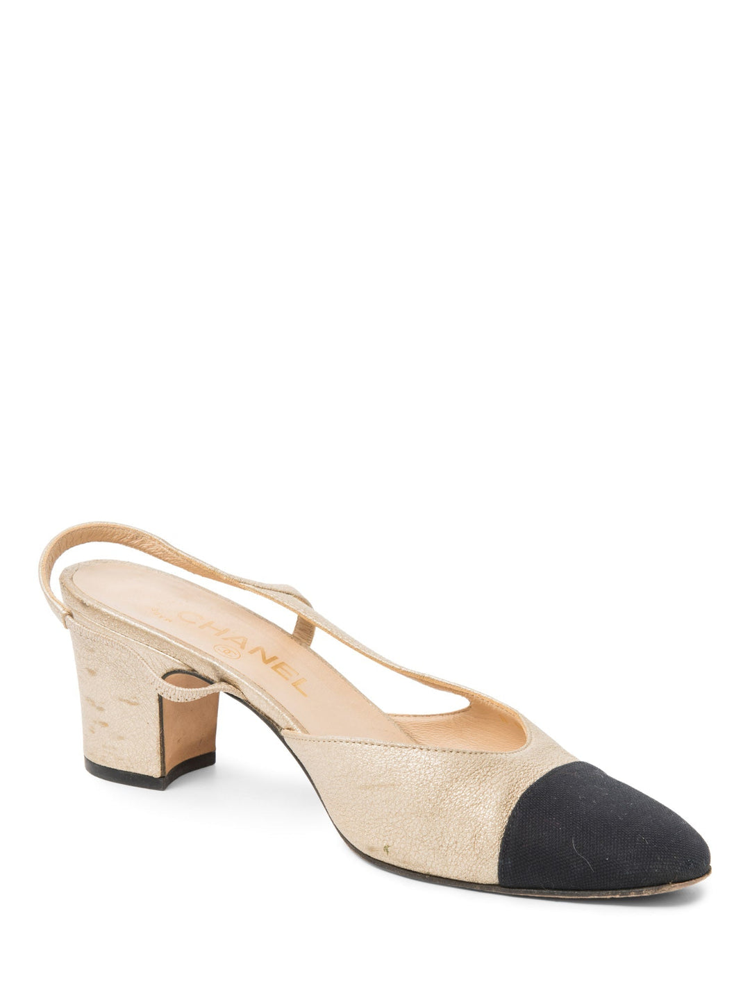 Top Quality Chanel CC Logo Cap Toe Slingback Heels Gold Black