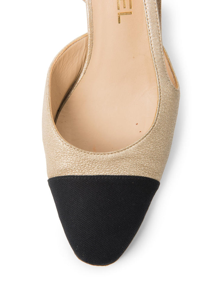 Top Quality Chanel CC Logo Cap Toe Slingback Heels Gold Black