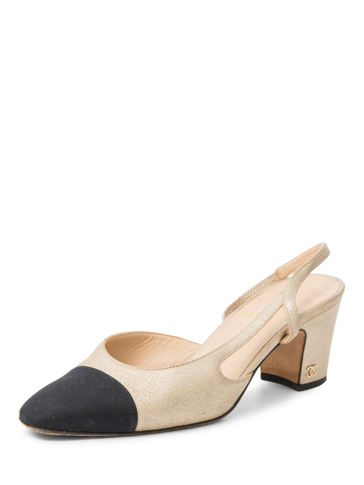 Top Quality Chanel CC Logo Cap Toe Slingback Heels Gold Black