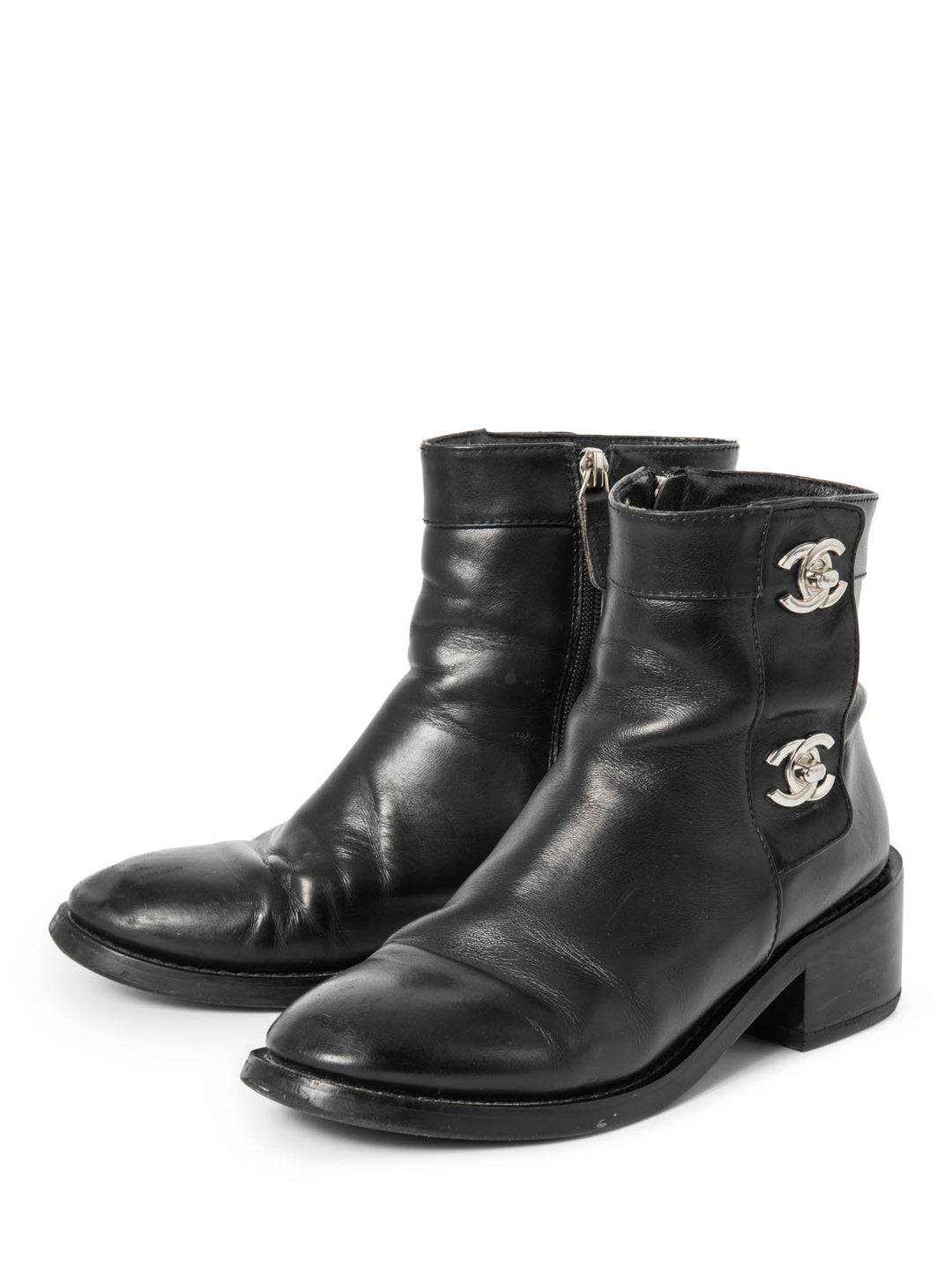 Top Quality Chanel CC Logo Leather Ankle Biker Boots Black Silver