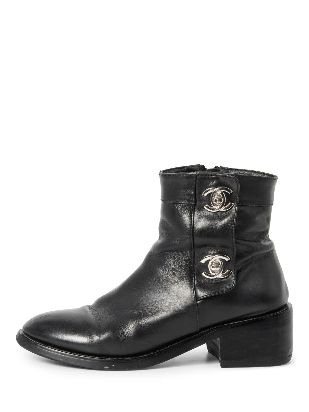 Top Quality Chanel CC Logo Leather Ankle Biker Boots Black Silver