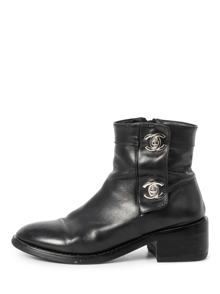 Top Quality Chanel CC Logo Leather Ankle Biker Boots Black Silver