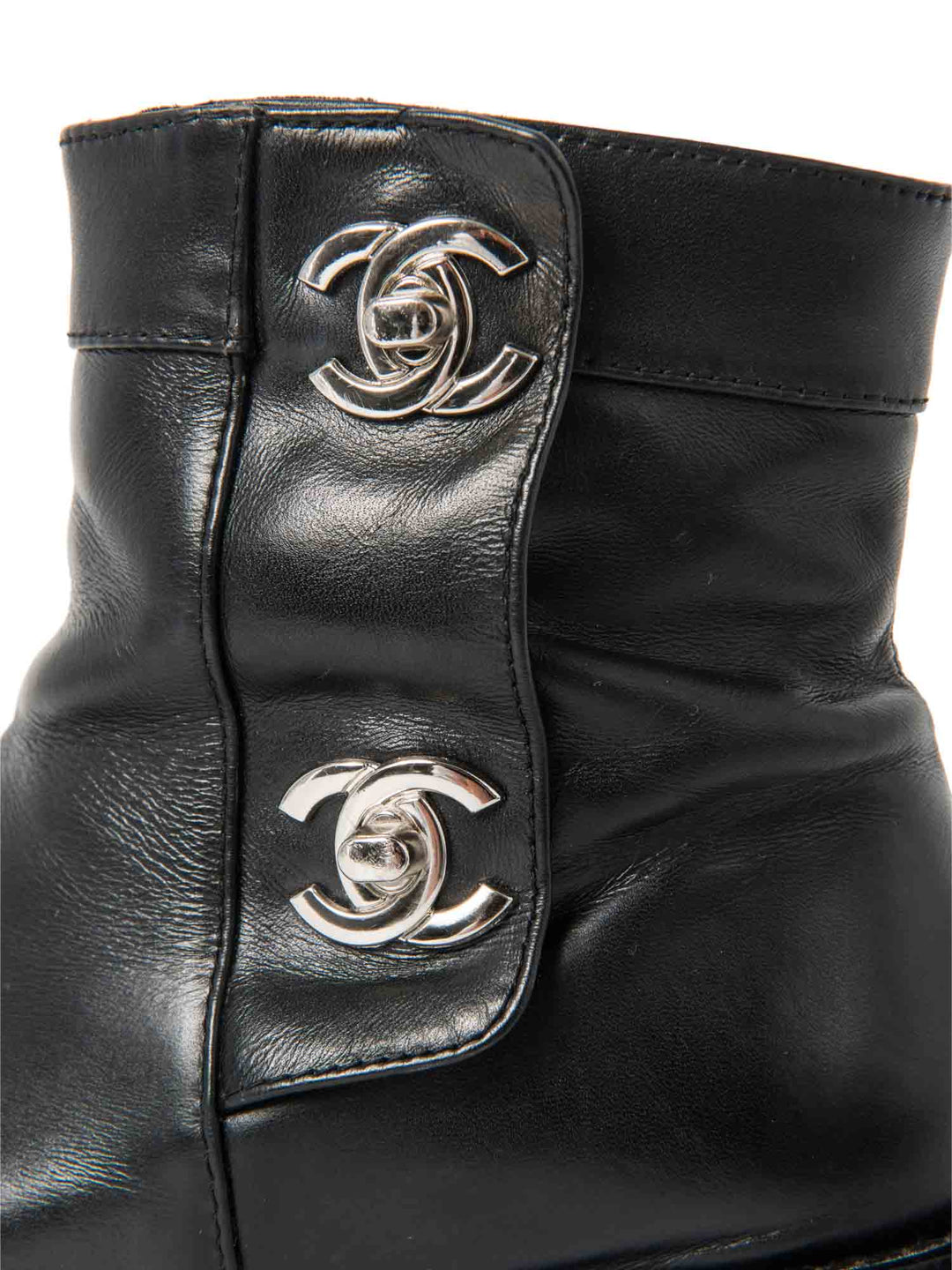Top Quality Chanel CC Logo Leather Ankle Biker Boots Black Silver