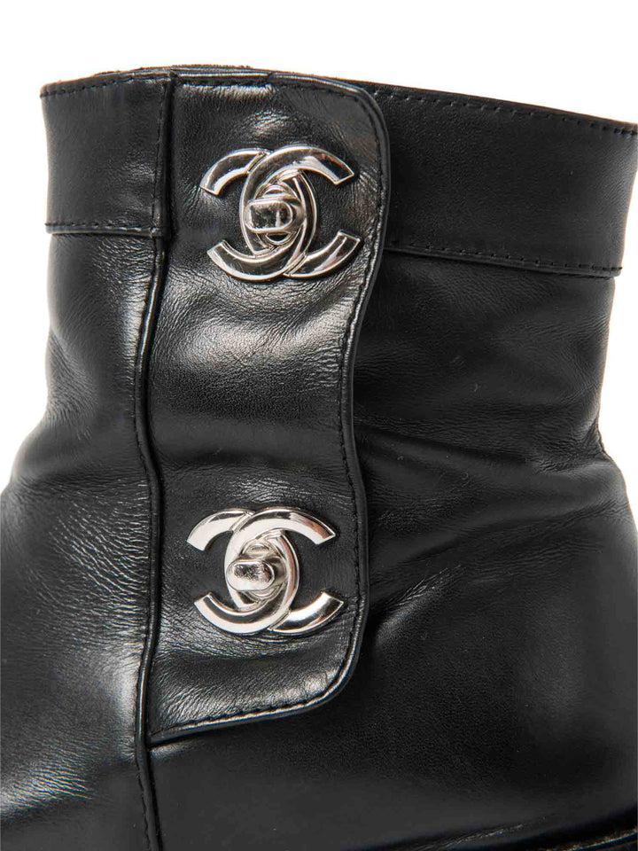 Top Quality Chanel CC Logo Leather Ankle Biker Boots Black Silver