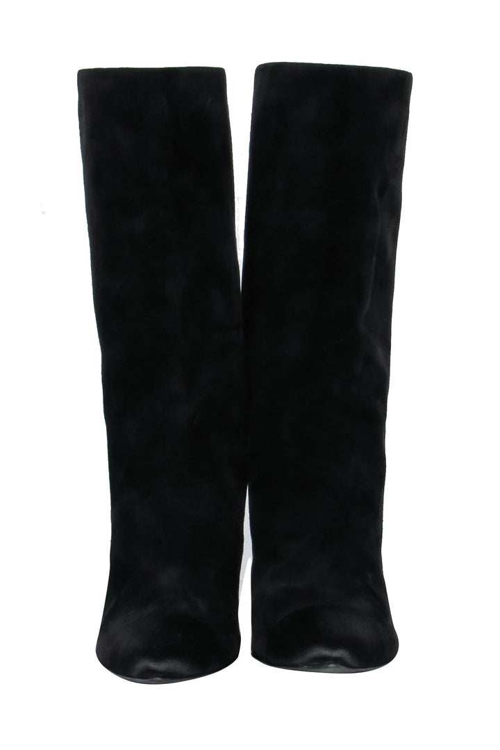 Top Quality Chanel - Cap Toe Mid-Calf Black Suede Boots w/ Embroidery Sz 8