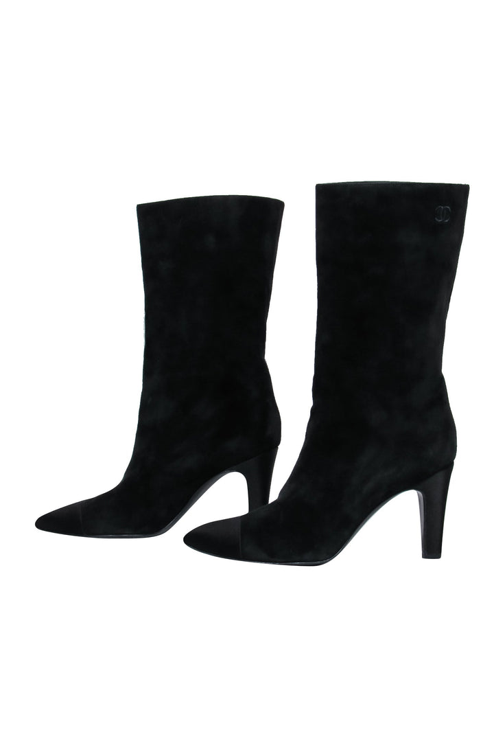 Top Quality Chanel - Cap Toe Mid-Calf Black Suede Boots w/ Embroidery Sz 8