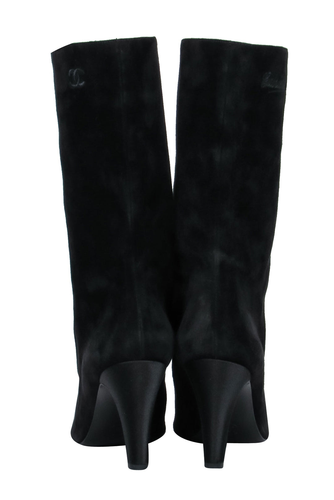 Top Quality Chanel - Cap Toe Mid-Calf Black Suede Boots w/ Embroidery Sz 8