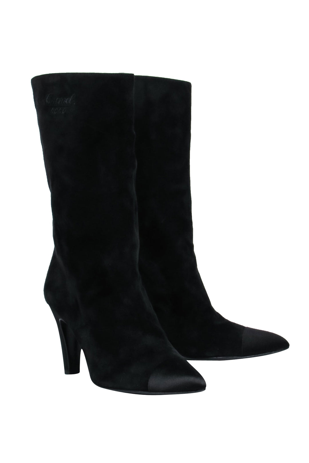 Top Quality Chanel - Cap Toe Mid-Calf Black Suede Boots w/ Embroidery Sz 8