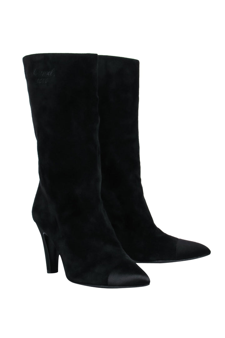 Top Quality Chanel - Cap Toe Mid-Calf Black Suede Boots w/ Embroidery Sz 8