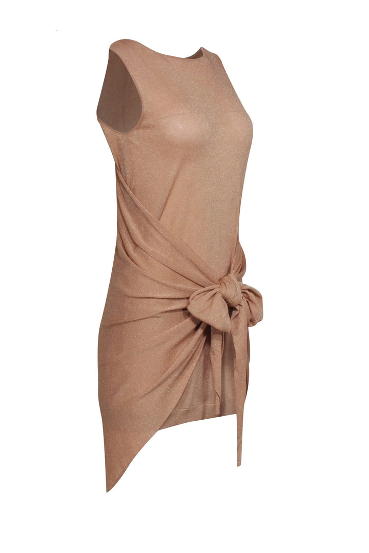 Top Quality Chanel - Champagne Gold Glitter Sleeveless Dress w/ Attached Shawl Sz 2