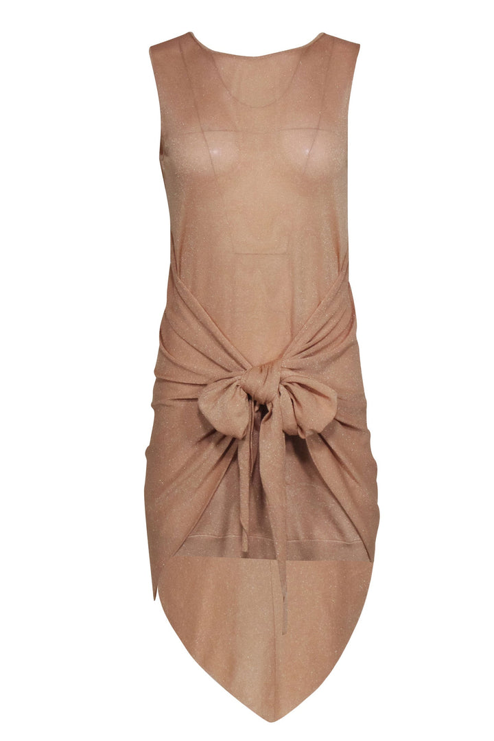 Top Quality Chanel - Champagne Gold Glitter Sleeveless Dress w/ Attached Shawl Sz 2