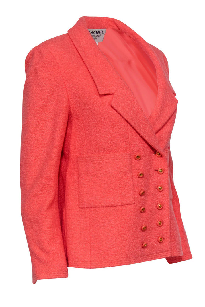 Top Quality Chanel - Coral Tweed Button-Front Blazer w/ Gold Buttons Sz 8