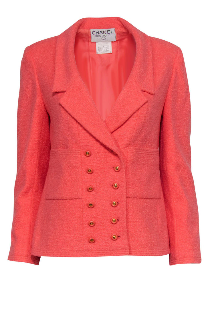 Top Quality Chanel - Coral Tweed Button-Front Blazer w/ Gold Buttons Sz 8